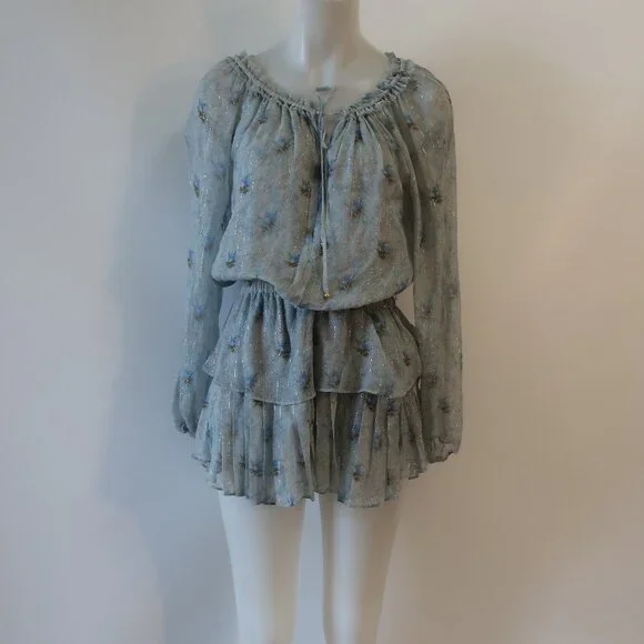 Womens LoveShackFancy Pale Blue Metallic Gold Silk Floral Mini Popover Dress XS - Picture 2 of 15
